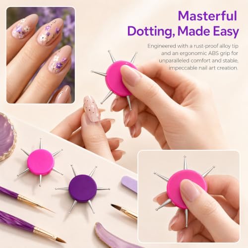 2pcs Nail Dotting Tool, 6-in-1 Metal Dotting Tool Nail Art, 2 Colors - color: Purple, Pink, 2pcs