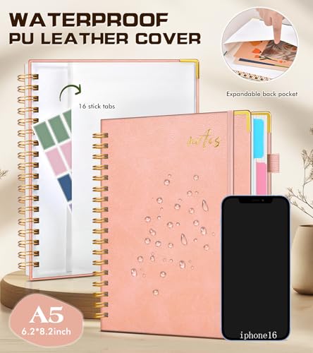 5 Subject Spiral Notebook Journal with Removable Dividers Tabs, 300 Pages Organizer Notebooks for Work School, A5 Hardcover Leather Notebook College Ruled, Lined Journal for Women Men，Pink - color: Pink, size: A5