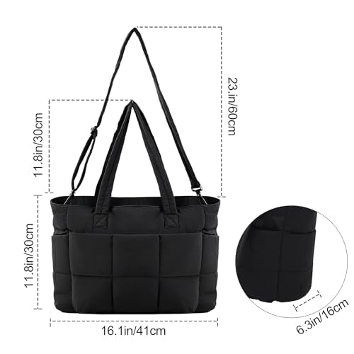 Puffer Tote Bag for Women, Quilted Multi-Pocket Lightweight Shoulder Bag for Work, Travel, Gym - color: Black