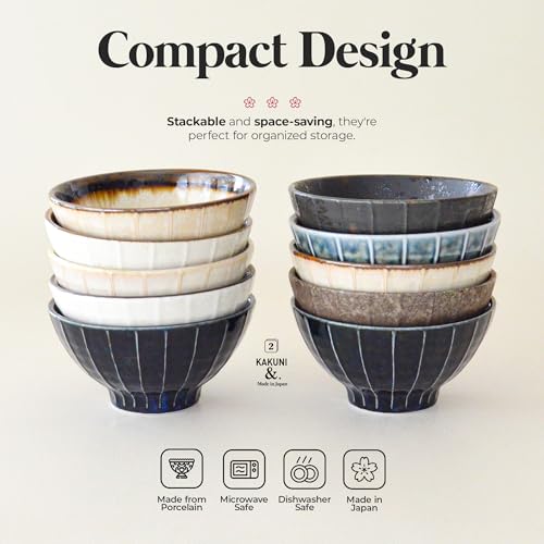 Set of 5 Japanese Ceramic Striped Ichichin Rice Bowls, Deep Soup & Eating Bowls with Distinctive Three-Dimensional Lines,Convenient, Stackable, for Cooking Prep & Serving (White) - color: White