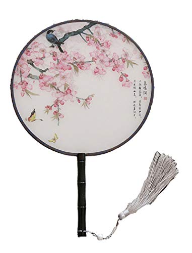 Seres Classic Round Fan,Wood Fan Rib&Semi-Transparent Silk Cloth,10+ Optional Patterns,Diameter 8.3in,团扇 (4.Birds and Butterfly) - color: 4.birds and Butterfly