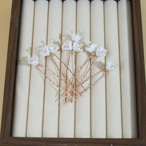 Handmade Pearl Bridal Wedding Hair Pins 6Pcs White Ceramic Flowers Gold Leaf Pearls Clips Wedding Hair Accessories for Women Brides Bridesmaid (Set-D-Gold) - color: Set-D-Gold