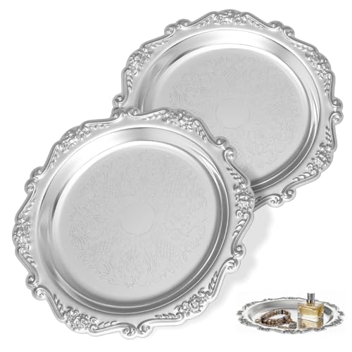 Cabilock 2pcs Retro Decorative Serving Tray, 5.90 Inch Round Vintage Metal Dessert Plates, Coffee Table Tray, Party Serving Platters Home Decor for Snacks Fruit Jewelry, Silver