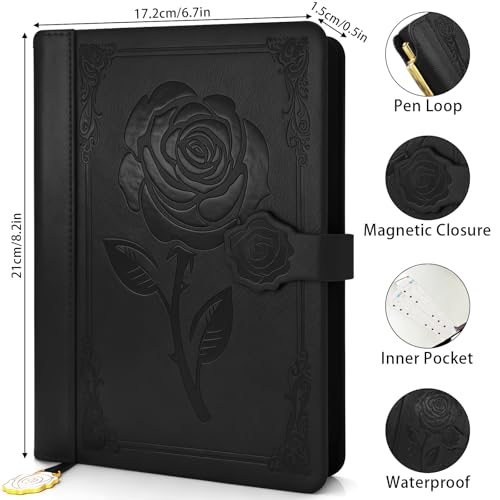 Aocii leather Journal for Women, A5 lined Daily Journal Notebook, Bullet Journaling for Writing, Hardcover Vintage Travel Journals, 224 Pages, Pen included (Black) - color: Black
