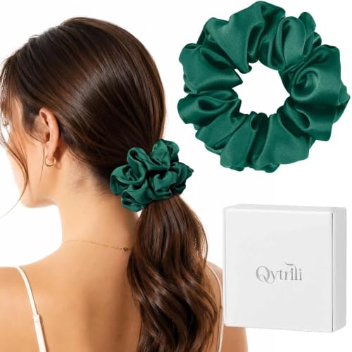 Silk Scrunchie 1.4" Medium Wide 6A 22 Momme 100% Mulberry Silk Hair Ties,Gentle on Hair No Damage No Crease for Women Girls Curly Thick Wavy Hair,Sample Fabric Provided (1, Dark Green) - color: Dark Green
