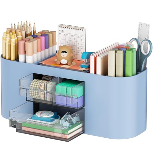Marbrasse Desk Organizer Pen Holder for Desk with 3 Drawers, Multi-Functional Pencil Holder, Desk Organizers and Accessories with 7 Compartments for Home, School, Classroom(Blue) - color: Blue
