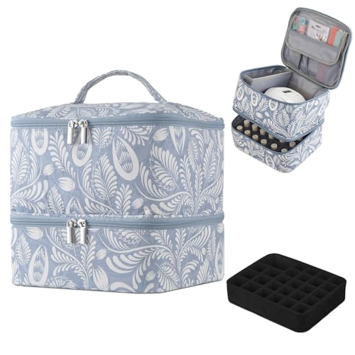 Buruis 2-Tier Nail Polish Bag, Nail Supplies Organizer, Light Blue Leaf - color: Light Blue Leaf