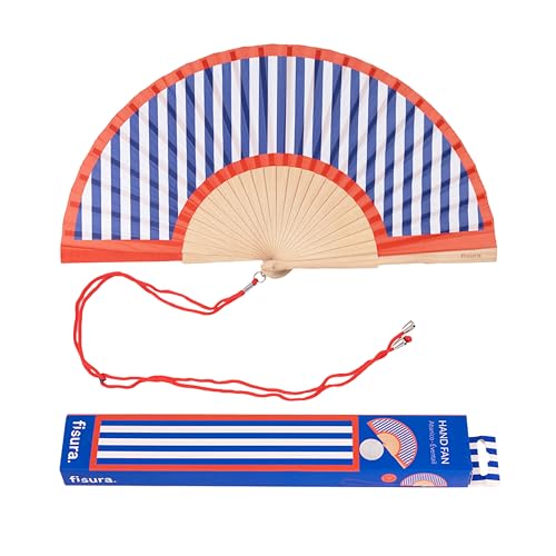 Fisura – Original Folding Fan with Stripes Print. Red and Blue Wooden Handheld Fan for Women with Hanger. Perfect Accessory for Weddings, Parties, Festivals and Gift Ideas. 16.7 x 9. - color: Red and Blue Stripes