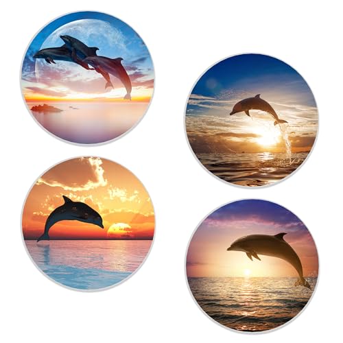 Dolphin Coasters Set of 4, Absorbent Ceramic with Cork Backing, Ocean Beach Coasters for Table Home Décor, Ideal Gifts for Women Men - color: Dolphin Sunset