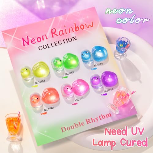 Double Rhythm Cat Eye Gel Nail Polish Set of 6 Same Color Same Bottle 0.5 Oz Shimmer Glitter with Magnet Holographic Reflective Magnetic UV Polish Kit at Home (Neon Orange Red Blue Green-T6-34) - color: Neon Rainbow