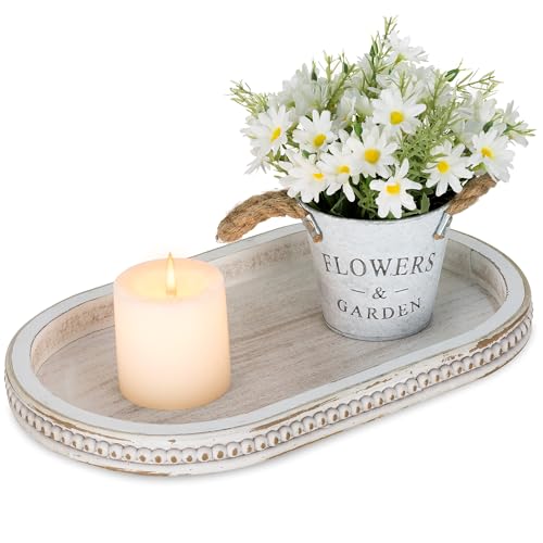 Hanobe 15" White Oval Decorative Trays for Coffee Table Decor, Beaded Edge - color: Oval Whitewash