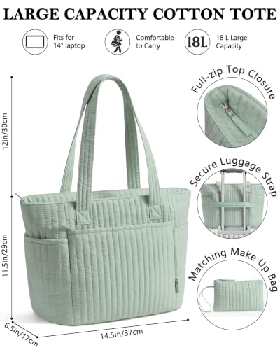 Bagstellar Quilted Tote Bag for Women Teacher Nurse Cotton Laptop Work Tote - color: Sage Green