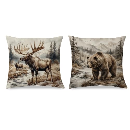 Rustic Cabin Moose and Bear Throw Pillow Covers 18x18 Set of 2 - color: Bear-6, size: 18" x 18" (Pack of 1)