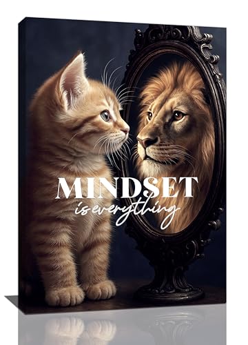 Motivational Lion And Cat Wall Art For Kids Mindset Is Everything Nursery Canvas Wall Decor Inspirational Pictures Paintings Prints Artwork Framed Decorations For Children's Room Bathroom Bedroom Living Room Office Gifts 16" x 24" - color: Cat And Lion, s