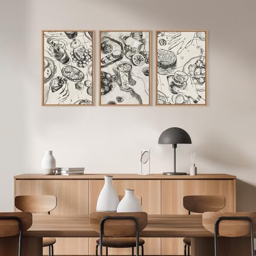 LHIUEM Large Retro Sketch Cheers Framed Canvas Wall Art,Food and Drink Wall Decor,Mid Century Gatherings Dinner Wall Painting,Abstract Black and White Art Prints for Kitchen,Dining Room - 16"x24"x3 - color: Sketch Cheers Wall Art, size: 24"L x 16"W