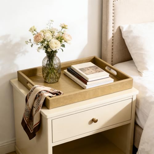 18 x 12 inches Leather Ottoman Serving Tray with Hole Handles, Rectangle Modern Service Tray for Living Room, Coffee Table, Bed, Tea, Food, Butler Countertop, Kitchen, Dinner, Picnic (Brown) - color: Brown, size: 18" x 12" x 2"