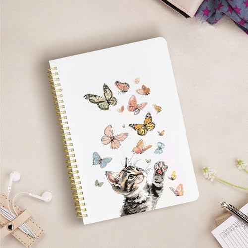Cute Spiral Notebook Lined Journal B5 Note Book with Pocket, Cat - color: Cat Butterfly
