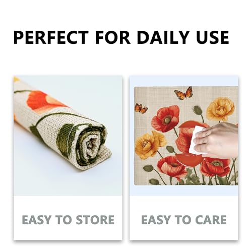 Poppy Table Placemats Set of 4 Place Mats Linen Wipeable Placemats Waterproof Rectangle Table Mat for Kitchen Dining Dinner 18 X 12 Inch - color: Poppy