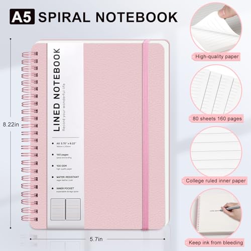 Lined Spiral Notebook for Women, A5 College Ruled Leather Spiral Journals - color: Pink, size: A5