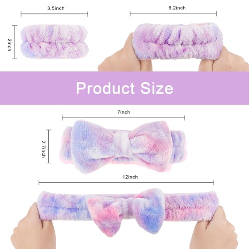 CIEHER 12 PCS Makeup Headband for Women Wrist Washband Scrunchies Cuffs for Washing Face, Soft Bow Hair Band Matching Wristbands, Colorful & White DIY Spa Headband Coral Fleece - color: Colorful, White