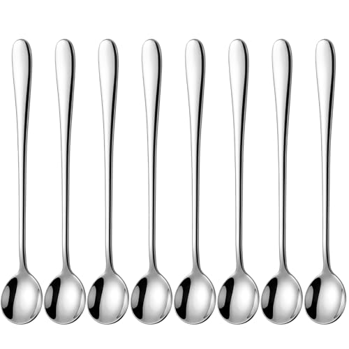 Long Handle Iced Tea Spoons, 7.9" 18/10 Stainless Steel Cocktail Stirring Spoons with Thickened Ergonomic Handle, Tall Coffee & Latte Stirrers, Dessert Spoon Set, Dishwasher Safe Set of 8 - color: Silver 7.5 IN, size: Round