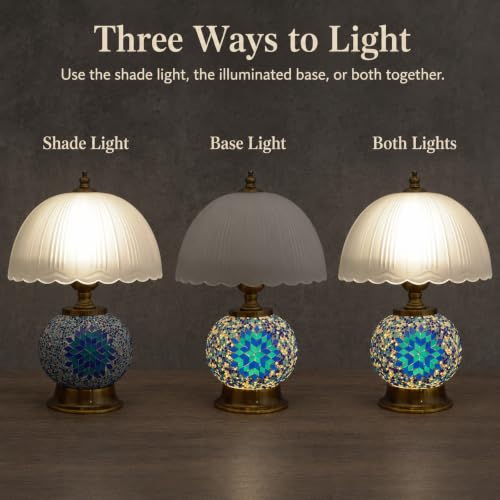 Boho Blue Mosaic Small Table Lamp with White Glass Shade - color: Blue, Bronze, White
