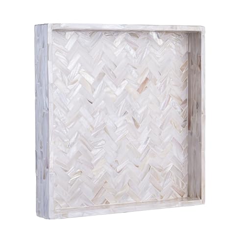 PEMAR 11" Square Mother of Pearl Decorative Tray - Herringbone Shell - color: Creamy White Herringbone