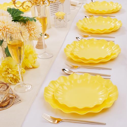 LIYH 24Pcs Yellow Plastic Plates Reusable, Dinner And Salad Set For Parties - color: Yellow, size: 24(12 Guests)