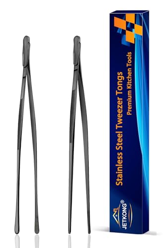 JETKONG 2 Pcs 9-Inch Food Tweezer Tongs, Stainless Steel Kitchen Tweezer Cooking Tweezers (Black) - color: Black, size: 9+9 Inch