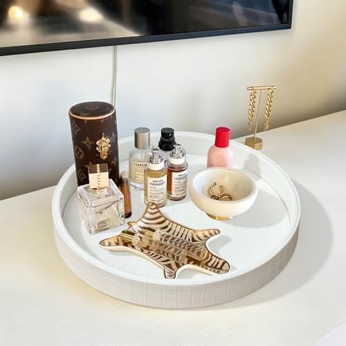 HofferRuffer Faux Leather Round Serving Tray, Vegan Croco Leather Decorative Food Tray for Storage Drinks, Snack & Cosmetics, Dia.12'' x 1.6'' (White Croco, 12'') - color: White Croco, size: 12"