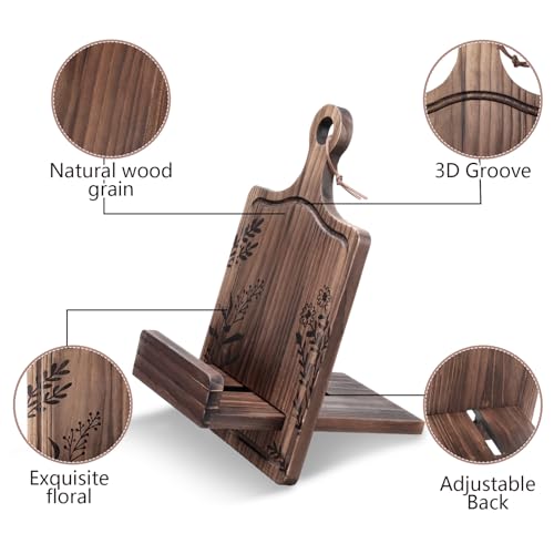 Geelin Wooden Cookbook Stand with Charging Slot Cutting Board Book Holder for Kitchen Counter Adjustable Recipe Book Holder Floral Farmhouse Cookbook Stand Kitchen Gifts for Chef Mom Dad Cooking Lover