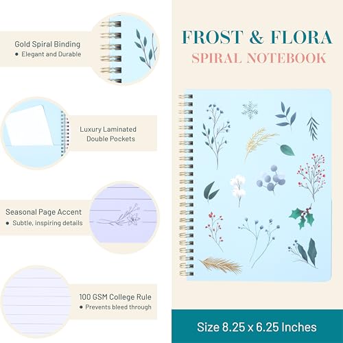 Happy Hoos® Aesthetic Spiral Notebook - 6.25" x 8.25" College Ruled Journal Notebook - Hard Cover Writing Journal for Work, School, Travel, More - Floral Notebook 8 Seasonal Designs (Frost & Flora) - color: Frost & Flora