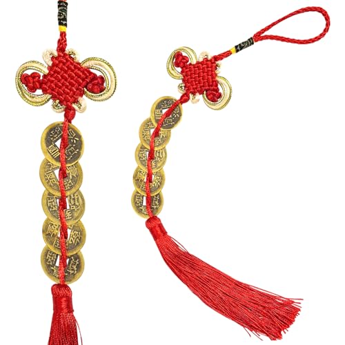 Feng Shui Gold Coins Chinese Luck Charm, Red Knot Wall Hanging for Car,House,Office, Wealth and Success Five Emperor Money(5coins) - 2pcs - color: Floral Knot Five Emperor Coins Ornament 2pcs