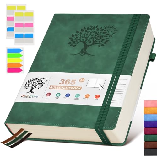 PERCUN A4 Lined Journal Notebook，365 Page Large Leather Journals for Writing Women Men，Hardcover Notebook with 100Gsm Thick Pages for Travel，Work，School，College Ruled, Daily Diary (8.5" x 11.4") - color: Green, size: A4