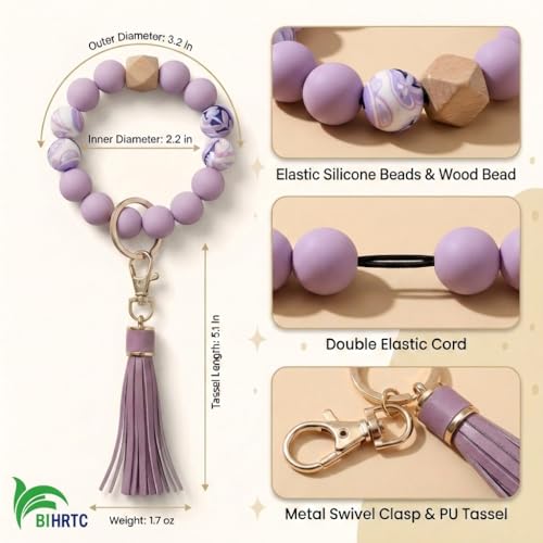 BIHRTC Key Ring Bracelet Car Keychain Holder Wristlet Silicone Women Beaded Bangle Chains - color: Purple Demon Eye