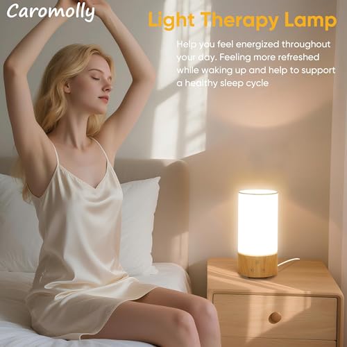 Caromolly Light Therapy Lamp, Happy Lamp 10,000 LUX UV Free with 3 Color Temperature & 5 Brightness Level, Full Spectrum Light Wood Base Round Flaxen Fabric Shade for Home, Office, 4" × 8.4”