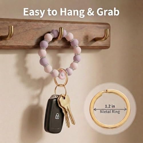 BIHRTC Key Ring Bracelet Car Keychain Holder Wristlet Silicone Women Beaded Bangle Chains - color: Pink and Purple