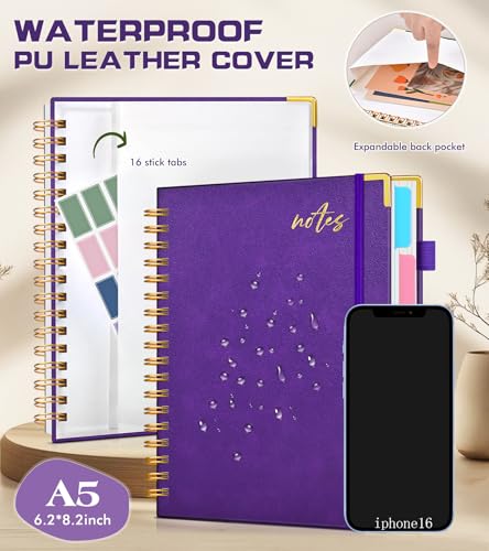 5 Subject Spiral Notebook Journal with Removable Dividers Tabs, 300 Pages Organizer Notebooks for Work School, A5 Hardcover Leather Notebook College Ruled, Lined Journal for Women Men，Purple - color: Deep Purple, size: A5