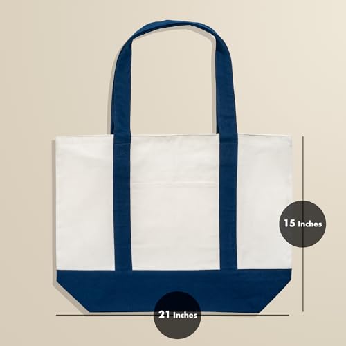 Carrywell (Not Made In China) Canvas Tote Bag With Front Pocket, 15"x 21", Reusable Grocery Shopping Bags, Top Zipper Closure - color: White W/Navy Trim
