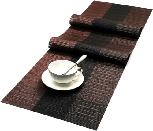 SHACOS Table Runners Woven Vinyl PVC Table Runner 12 x 36 inch Wipe Clean Bamboo Weave Countertop Table Decor Mats Indoor Outdoor, Ombre Coffee Black - color: Ombre Coffee Black, size: Table Runner 12 x 36 inch