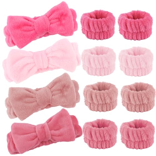 AOPRIE SPA Headbands for Washing Face Makeup Headbands with Bow Hair Band Women Facial Head Band Laurel Wrist Towel Wraps For Shower Face Mask Red Pink, 12 Pack - color: Red Pink