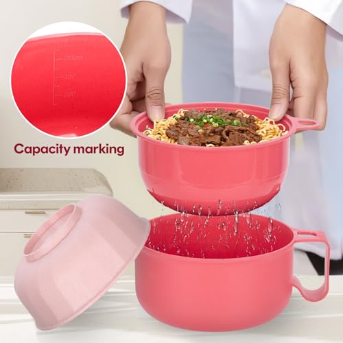Large Ramen Bowl,40oz Ramen Noodle Bowls Microwavable, Ramen Cooker with strainer, Microwave Pasta Cooker, Gift for College Boys Girls Male Female Dorm Room Essentials Instant Lunch - color: Pink