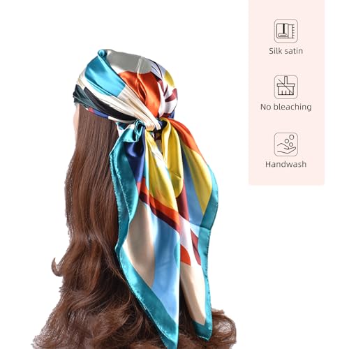 35 Inches Silk Head Scarf-Satin Hair Scarves Silk Bandana Scarf Headscarf for Women's Fashion Scarves - color: Colorful Sunflower - Blue