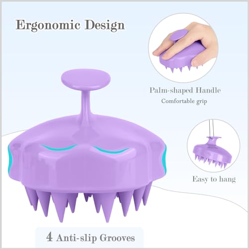 FREATECH Hair Scalp Massager Shampoo Brush with Soft Silicone Bristles for Scalp Care and Hair Growth, Shower Head Scalp Scrubber Exfoliator for Dandruff, Wet & Dry for Men, Women and Kids, Purple - color: Purple