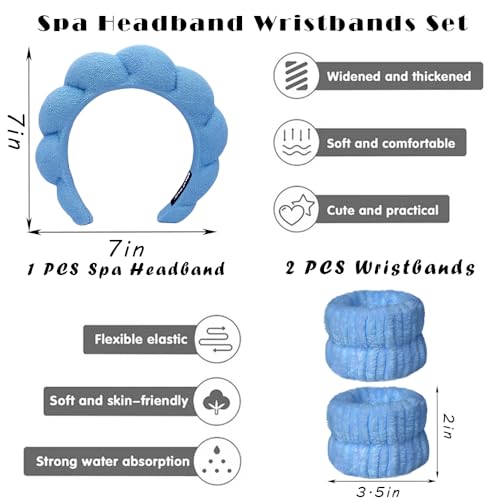 Spa Headbands for Washing Face Wristband Set Sponge Makeup Skincare Headband Wrist Towels Bubble Soft Terry Towel Cloth Hairband for Women Puffy Headwear Non Slip Thick Thin Hair Headwear (Dark blue) - color: Dark blue