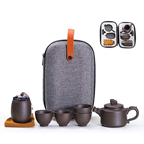 Travel Tea Sets Chinese Kung Fu Ceramic Teapot Portable Handmade Purple Clay Teapot Teacups All in One Gift Bag for Adults (Purple Clay Dragon Tea Sets) - size: Purple Clay Dragon Tea Sets