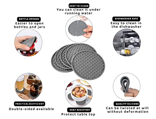 Coasters for Drinks 6 Pack Drinking Coasters with Holder,Heat Resistant Silicone Cup Mat Tabletop Protection,Non-Slip Rubber Coaster for Kinds of Cups (Grey) - color: Gray
