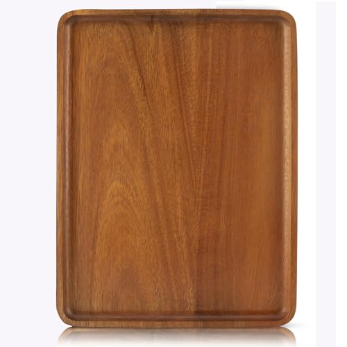 16" x12" Large Solid Acacia Wood Serving Tray Rectangular Wooden Serving Platter Natural Wooden Board for Bar Coffee Party - size: 16x12 in