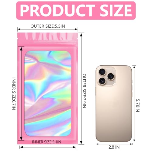 Funfery 100pcs Pink Mylar Holographic Bags-Resealable Zipper&Clear Window - color: Pink, size: 5.5 x 7.9 Inch