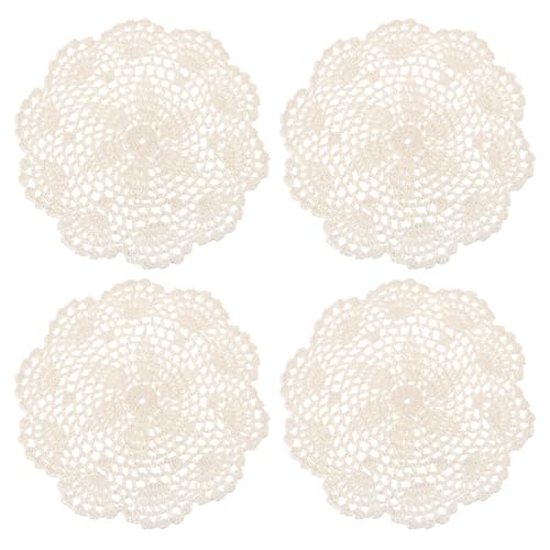 uxcell Lace Doilies, 4pcs 8" - Cotton Woven Round Crochet Coaster, Floral Design Fabric Handmade Placemat for Drink Wedding Party Decoration (Beige) - color: Beige